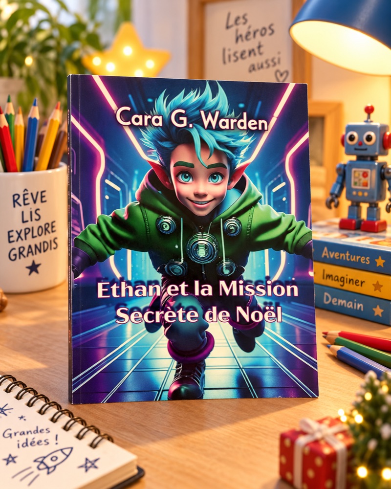 Le livre illustré Ethan et la Mission Secrète de Noël dans une ambiance chaleureuse de Noël