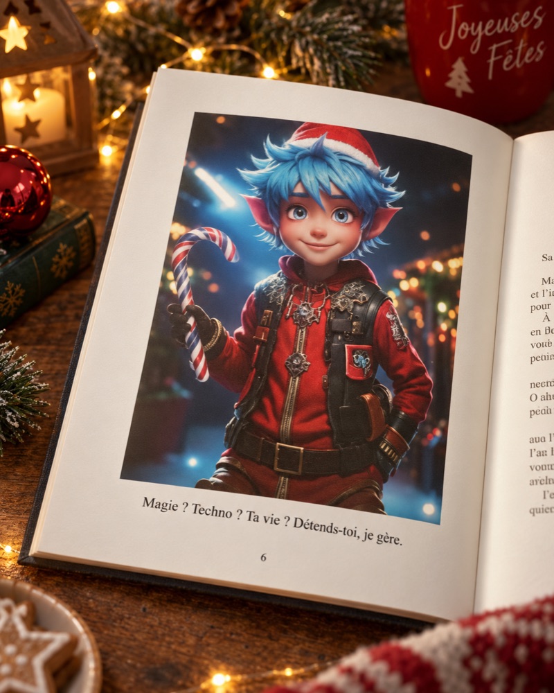 Frolic holding a candy cane in a festive illustrated book scene