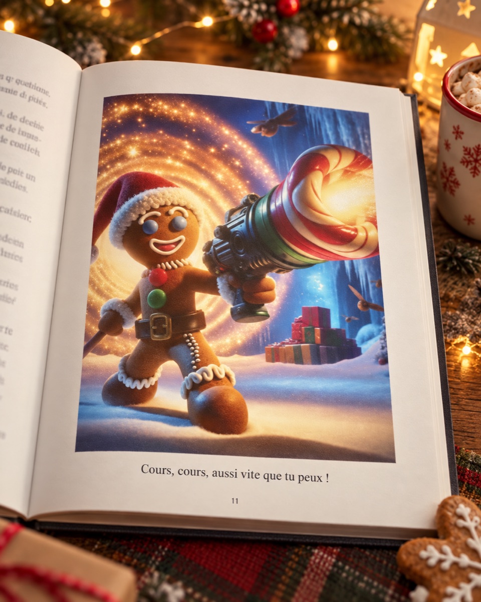 A gingerbread character wielding a candy-cane invention inside the book
