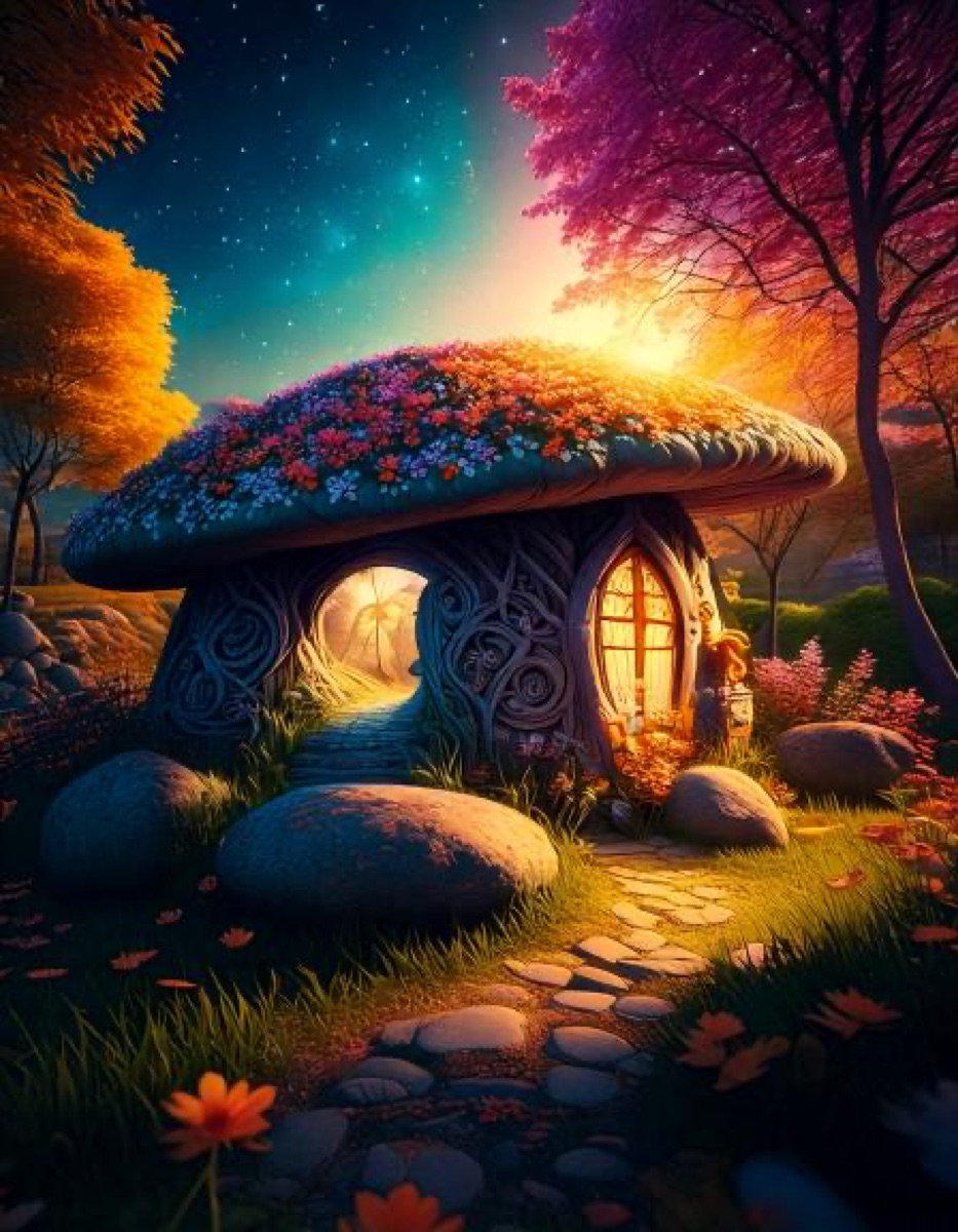 An enchanted fairy-stone house beneath a starry sky