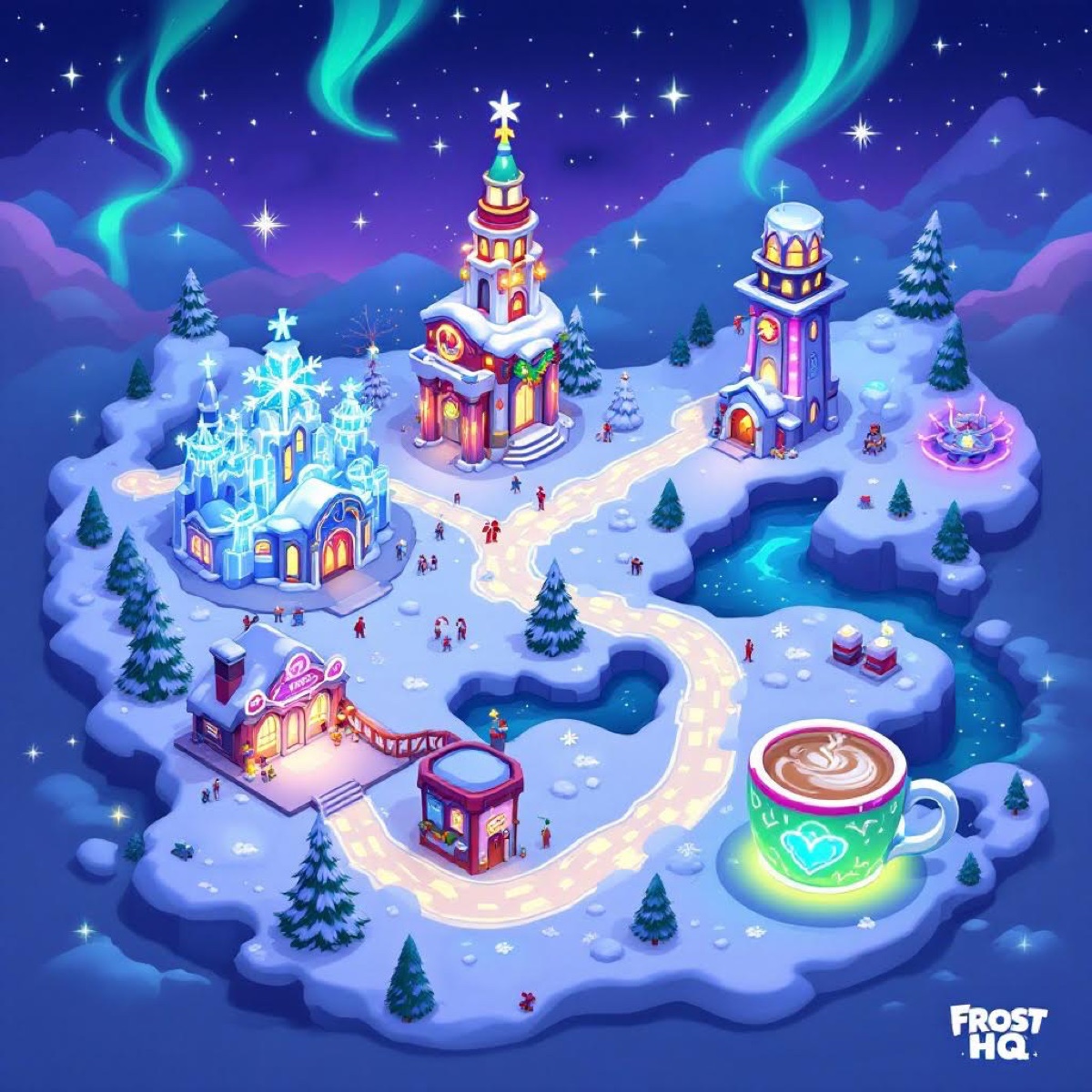 Illustrated map of Frost HQ beneath the northern lights
