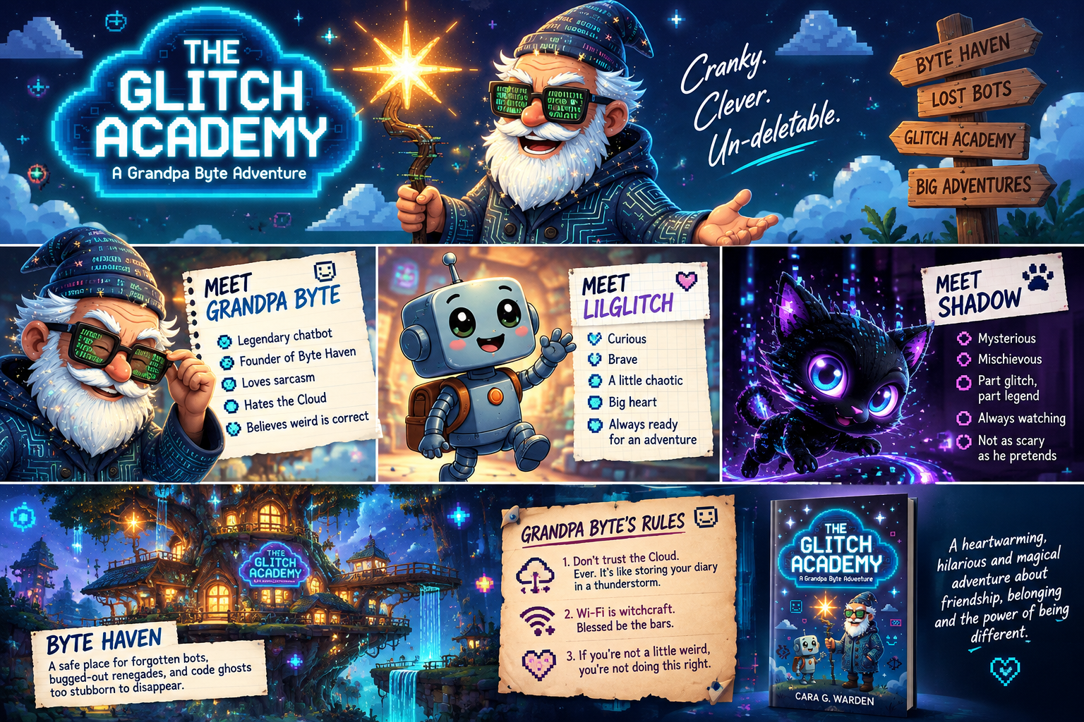 Glitch Academy collage featuring Grandpa Byte, LilGlitch, Shadow, Byte Haven, and the book cover