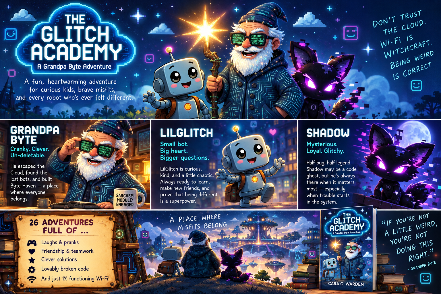 Glitch Academy character collage featuring Grandpa Byte, LilGlitch, Shadow, and scenes from Byte Haven